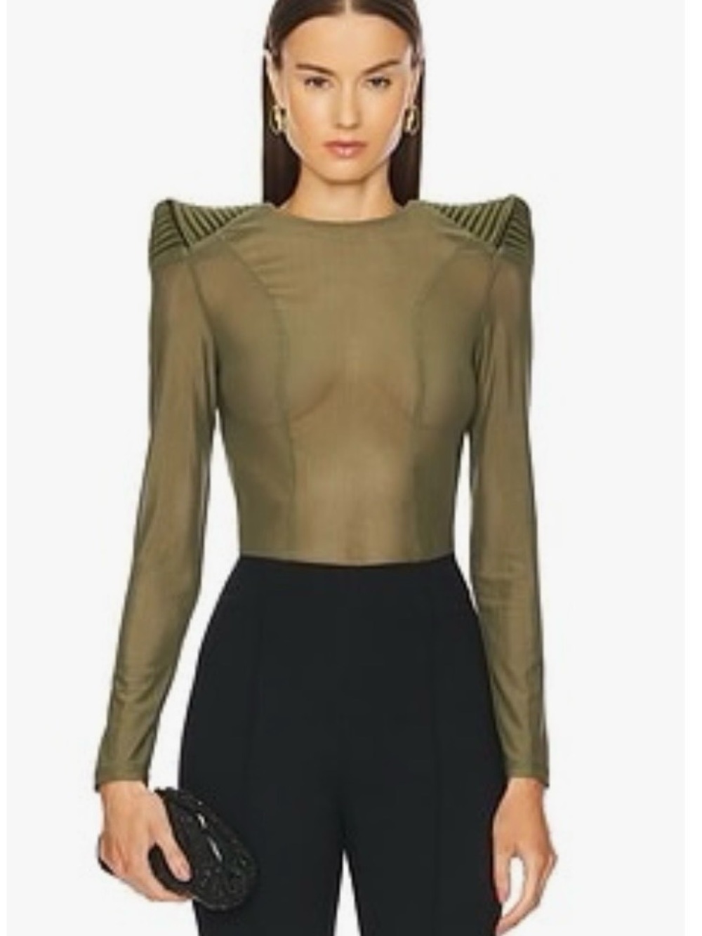 Zhivago Olive Sheer Long-Sleeve Empty Streets Top with Structured Shoulders